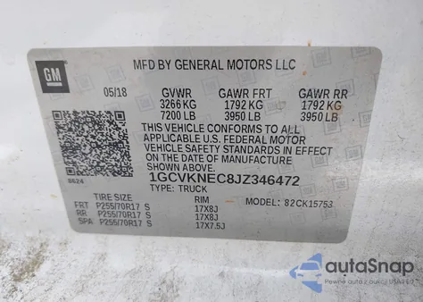 2018 Chevrolet Silverado 1500 Wt z USA, uszkodzony, nr VIN 1GCVKNEC8JZ346472